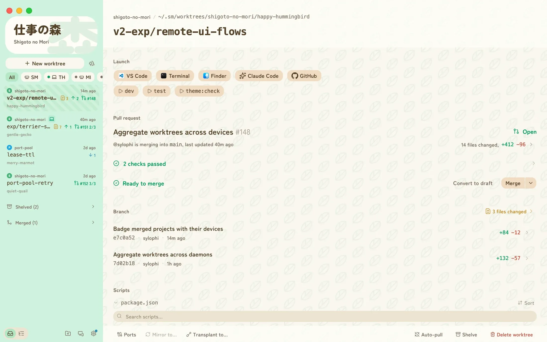 The app's window: a mint sidebar listing worktrees across projects, each with its changed files, commits ahead and pull request number. The open worktree shows launcher buttons, its pull request with checks passed and a Merge button, and its recent commits.