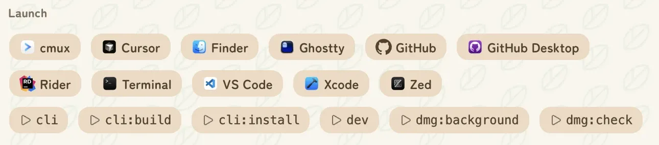 A worktree's launch row: buttons with app icons for cmux, Cursor, Finder, Ghostty, GitHub, GitHub Desktop, Rider, Terminal, VS Code, Xcode and Zed, and under them the project's package.json scripts.
